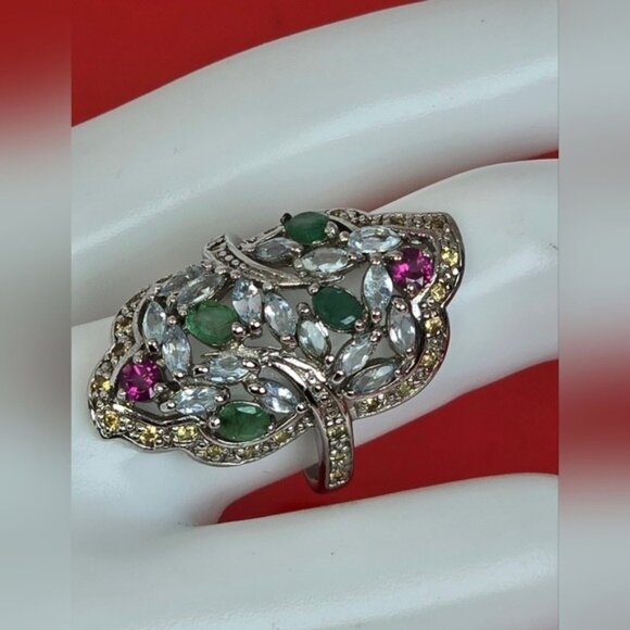 925 Sterling Silver Ring Sz 8 with Natural Emerald, Rhodolite, Sapphire, Topaz - Picture 2 of 9